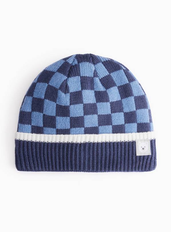 Blue Chequered Knitted Beanie 3-6 months