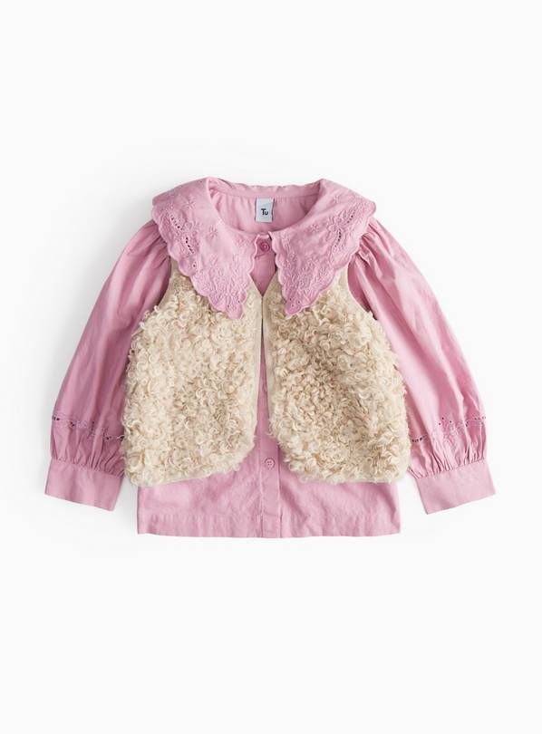 Pink Collar Woven Top & Beige Fleece Gilet Set  5-6 years