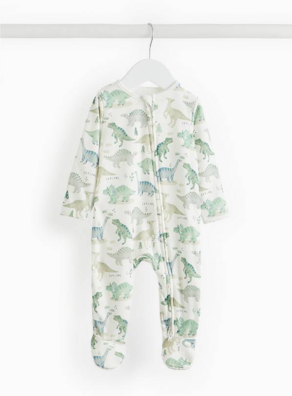 Cream With Green Dino Print Fleece Lined Sleepsuit  6-9 months