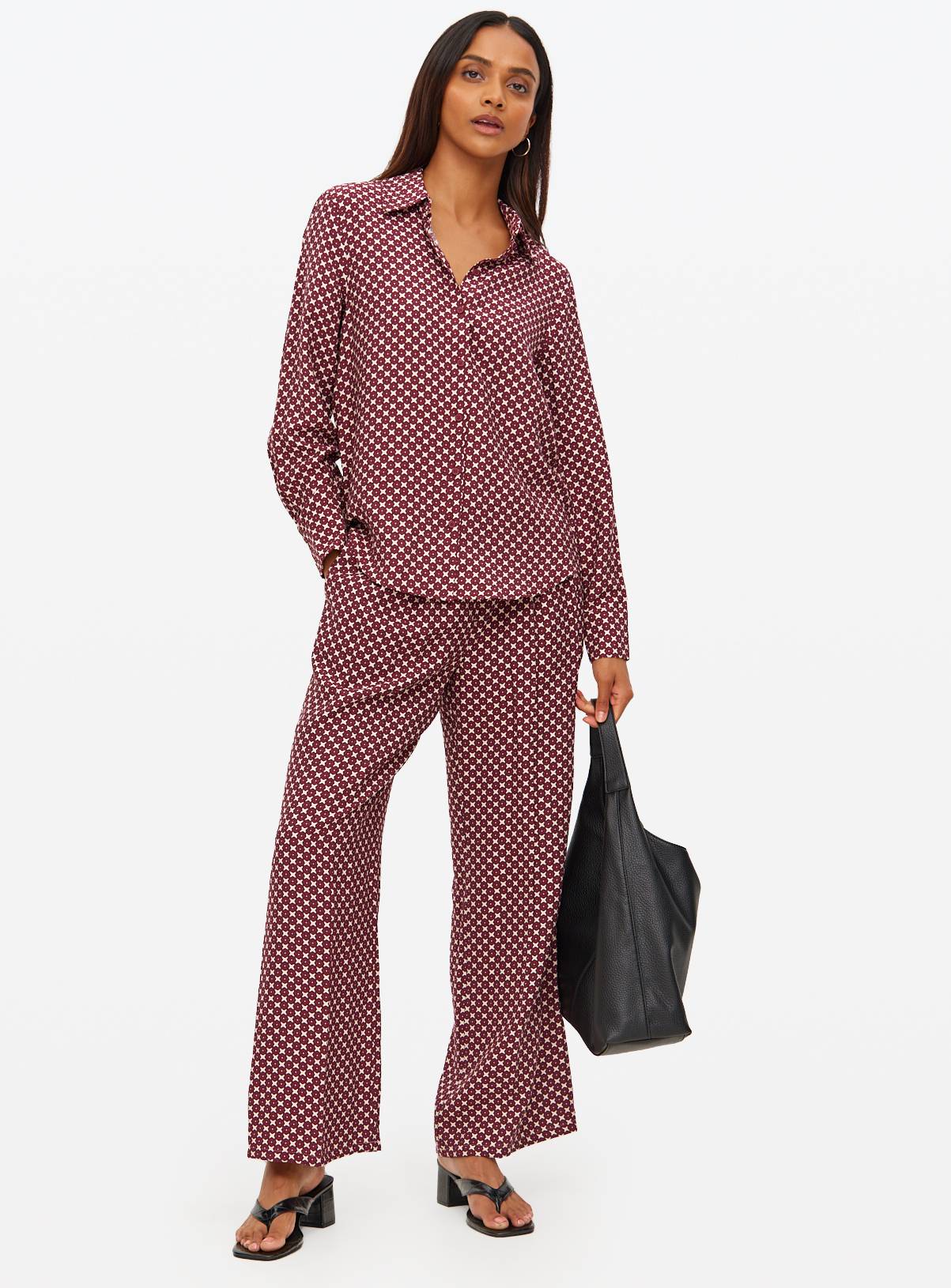 Dark Red Geometric Print Wide Leg Co-ord Trousers  20S - Image 1