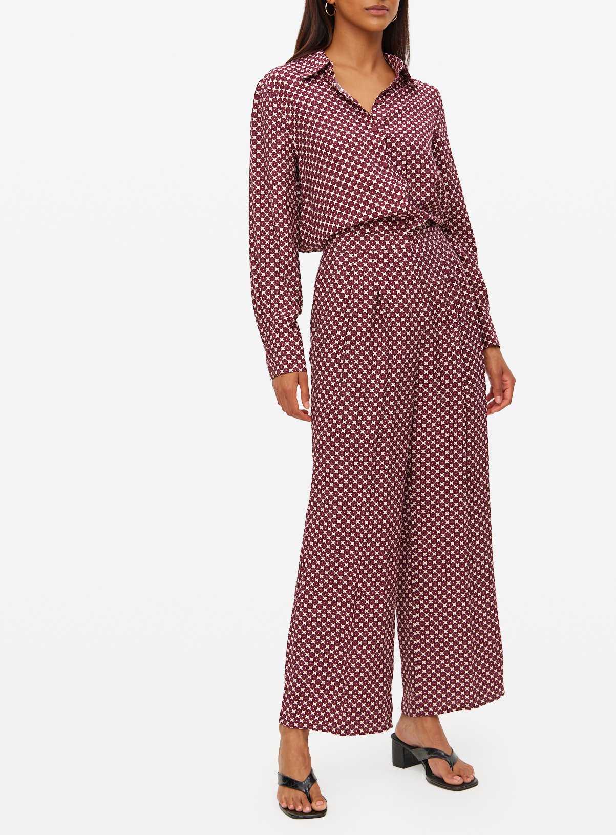 Dark Red Geometric Print Wide Leg Co-ord Trousers  20S - Image 3 thumbnail