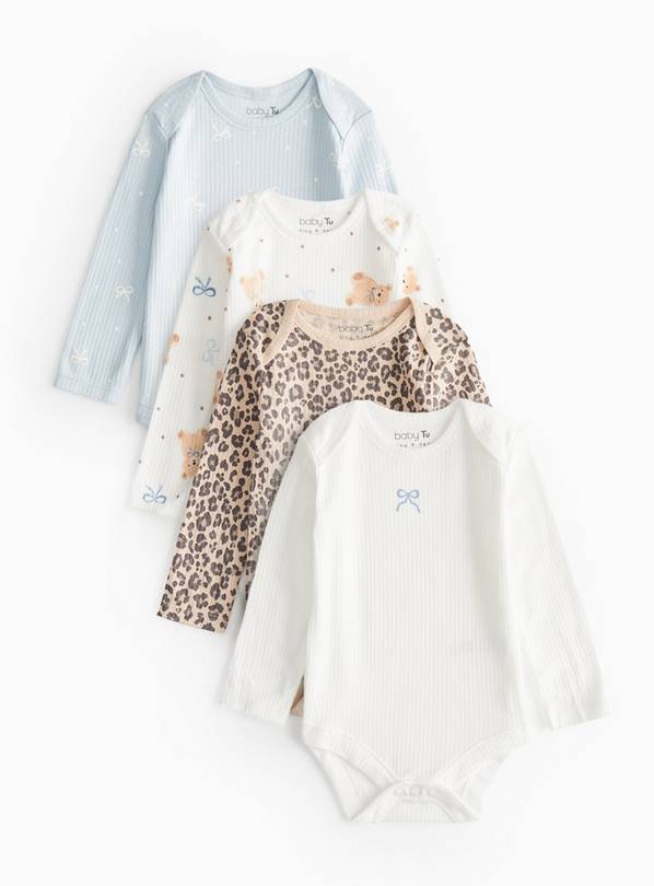 Blue Bear Print Long Sleeve Bodysuits 4 Pack 18-24 months