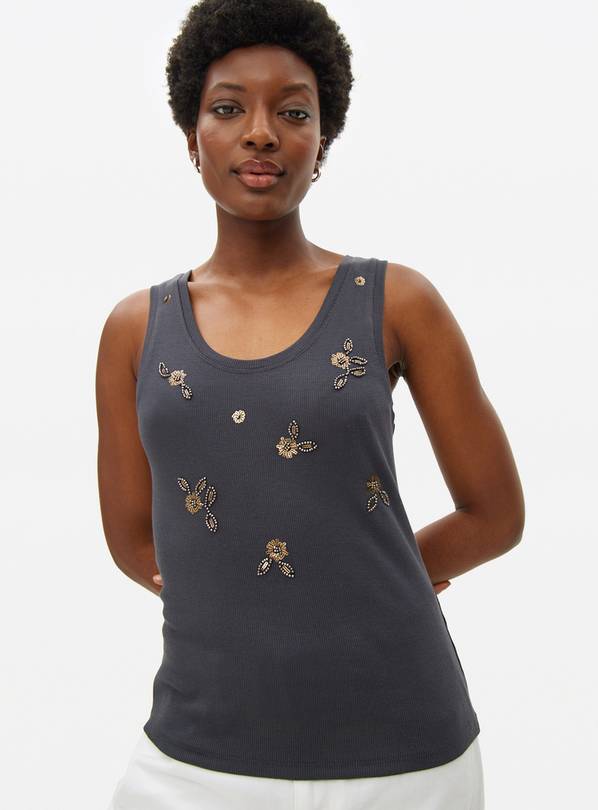 Charcoal Beaded Ribbed Sleeveless Vest 10