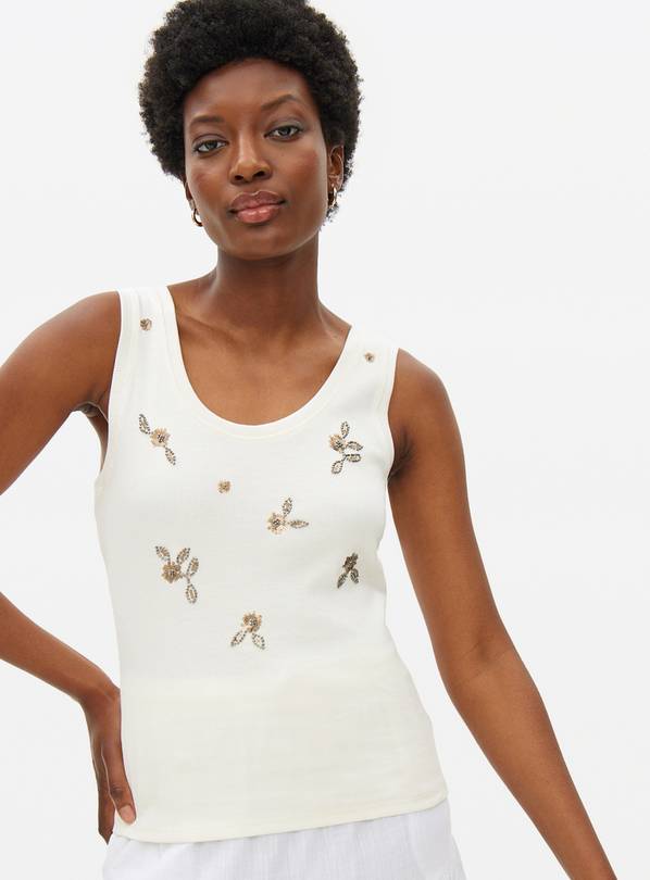 Cream Beaded Ribbed Sleeveless Vest 22