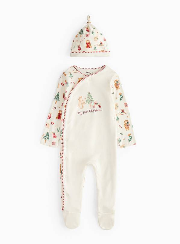 My First Christmas Slogan Cream Sleepsuit & Hat  Up to 3 mths
