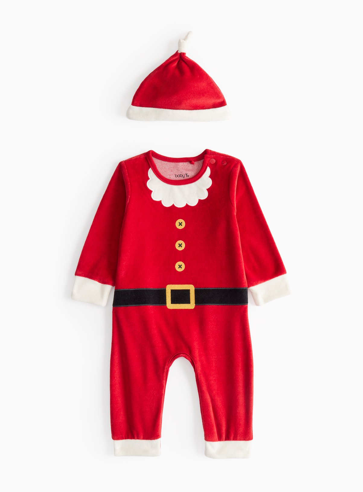 Unisex Christmas Santa Velour Novelty Sleepsuit & Hat Newborn