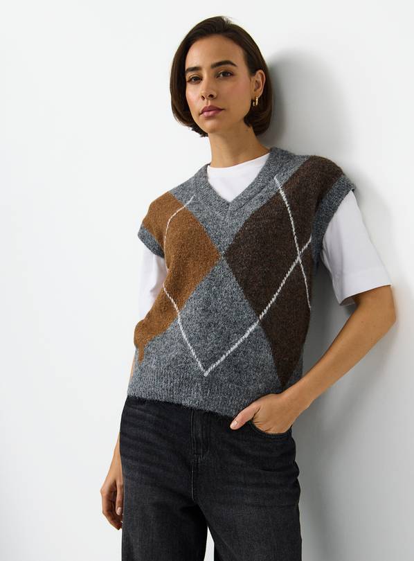Grey Argyle V Neck Boxy Knitted Tank XL