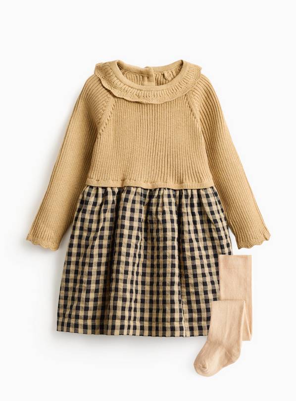 Beige Knitted Combined Check Print Dress & Tights 9-12 months