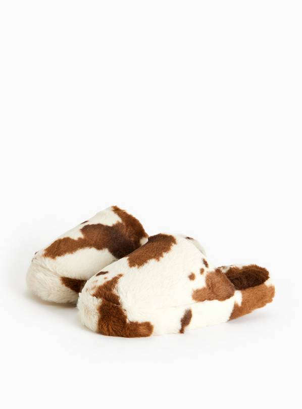 Cow Printed Plush Faux Fur Platform Slippers L