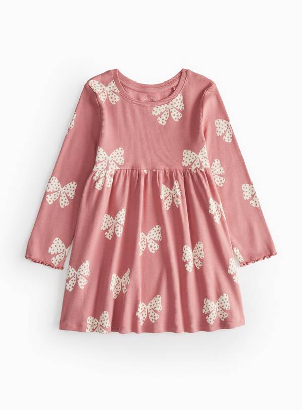 Pink Bow Print Ribbed Dress 5-6 years