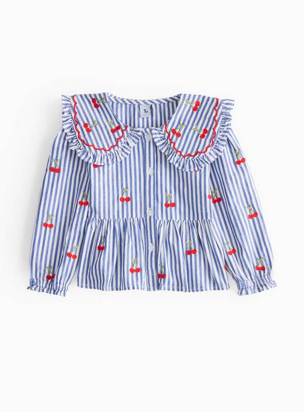 Blue Striped Cherry Embroidered Collar Blouse 4-5 years