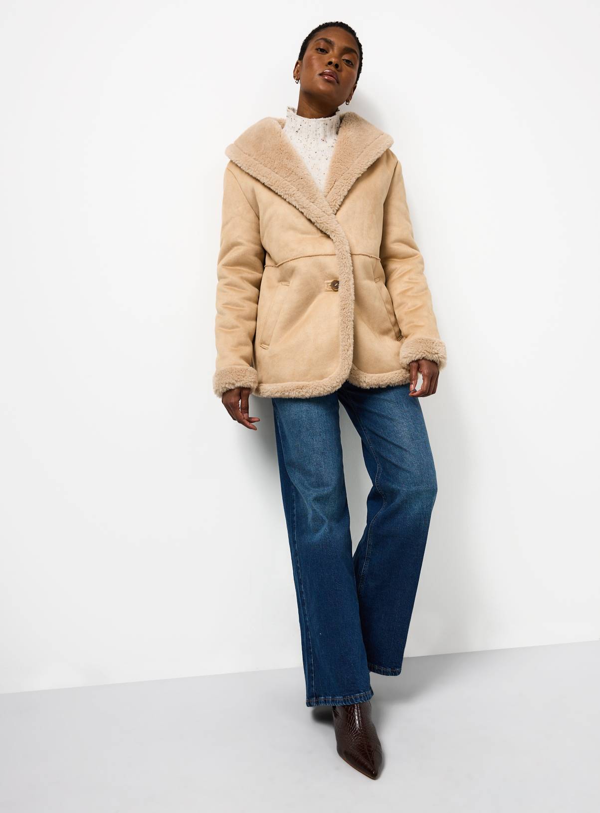 Beige Faux Shearling Shawl Collar Jacket 18 - Image 2