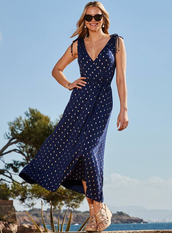 SOSANDAR Navy Blue & Gold Metallic Spot Tie Waist Dress 12