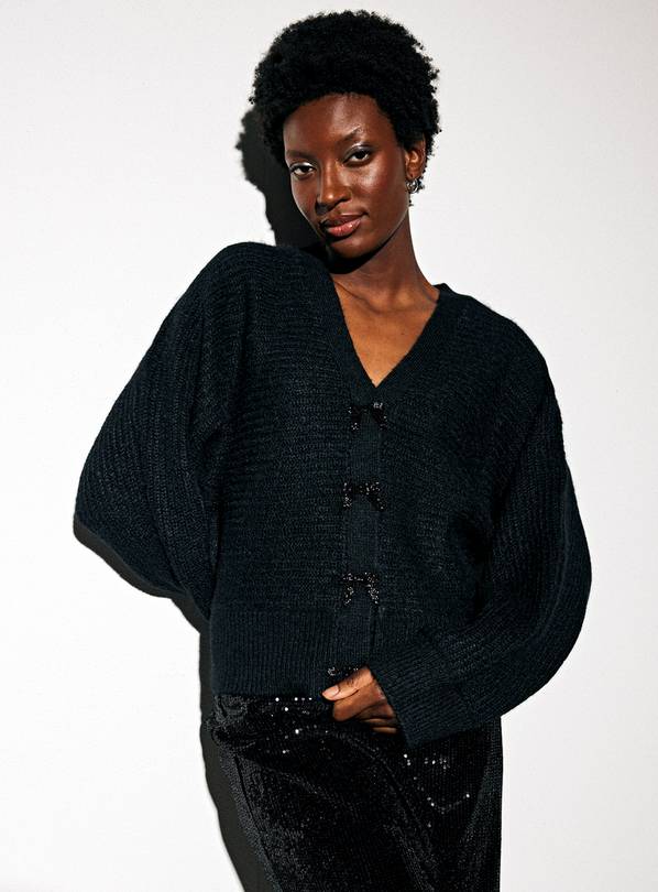 Black Eyelash Knit Diamante Bow Cardigan  6
