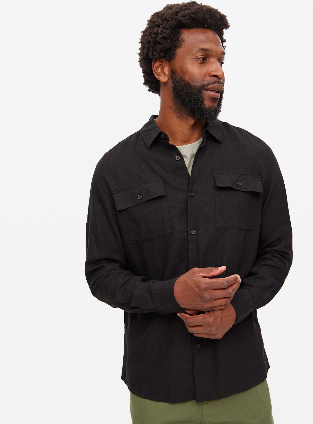 Men's Black Linen Blend Utility Shirt