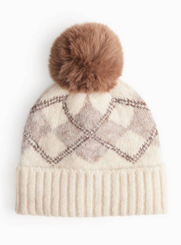 Oatmeal Argyle Knitted Beanie One Size
