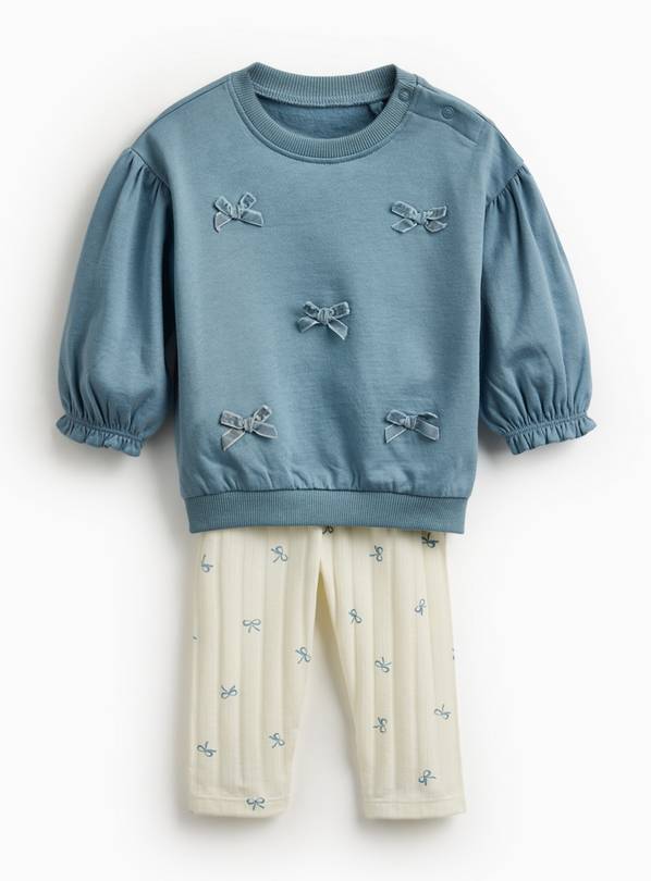 Blue Bow Embroidered Sweatshirt & Printed Leggings  12-18 months