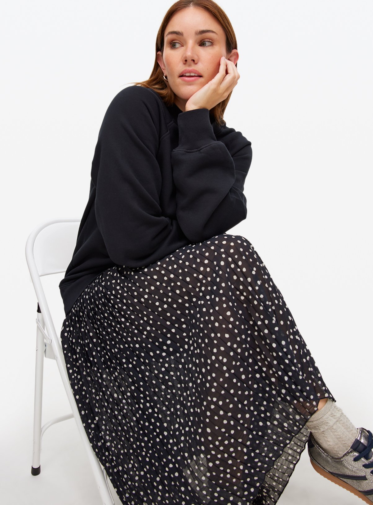Black Sweatshirt Combined Plisse Polka Dot Midaxi Dress  24 - Image 2 thumbnail