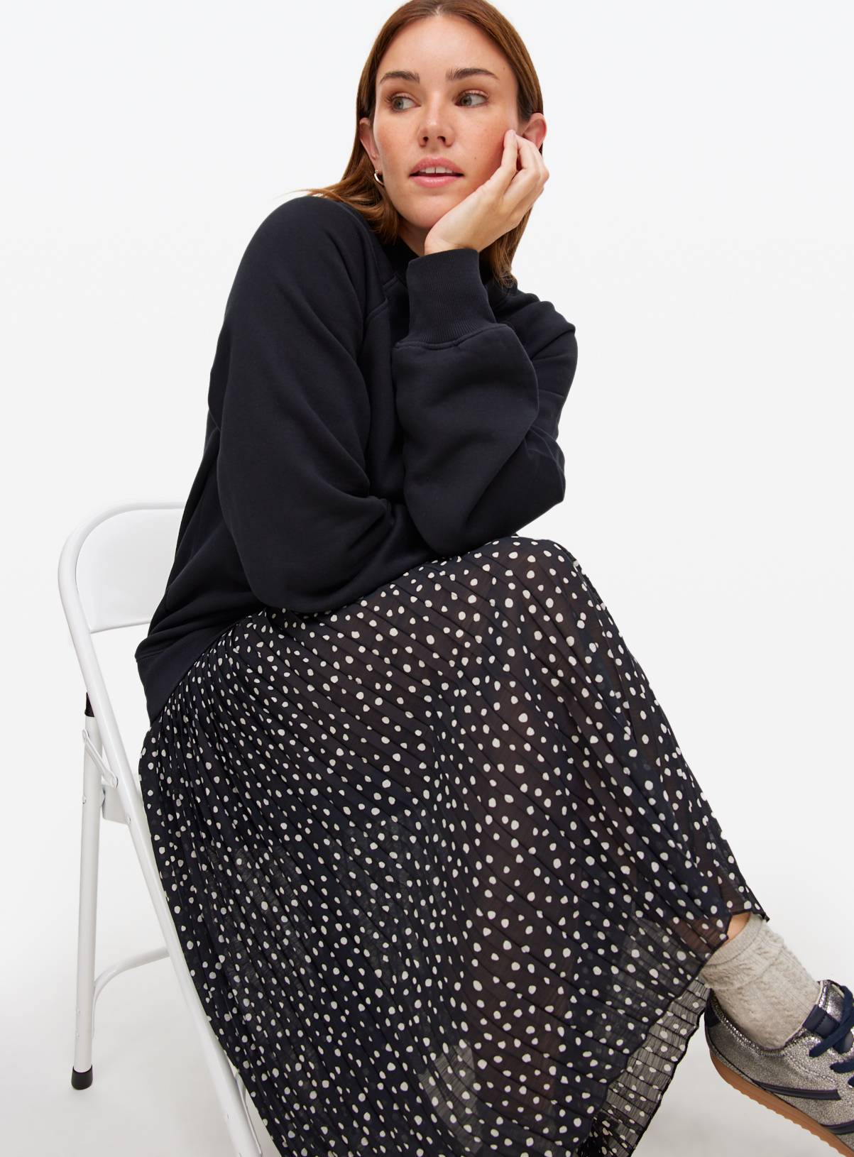 Black Sweatshirt Combined Plisse Polka Dot Midaxi Dress  24 - Image 2
