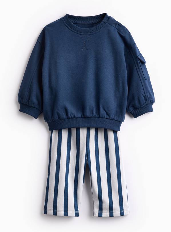 Navy Crew Sweatshirt & Striped Joggers Set 9-12 months