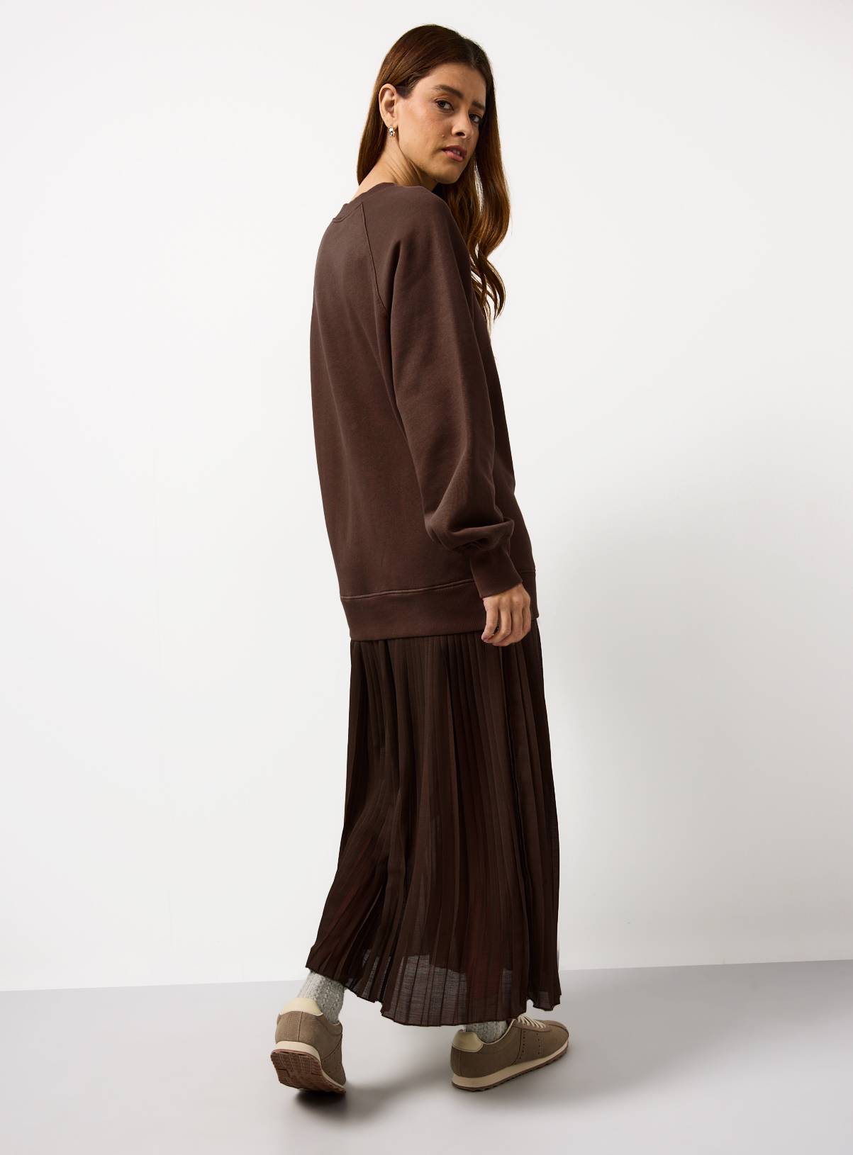 Brown Sweatshirt Combined Plisse Midaxi Dress 8 - Image 4