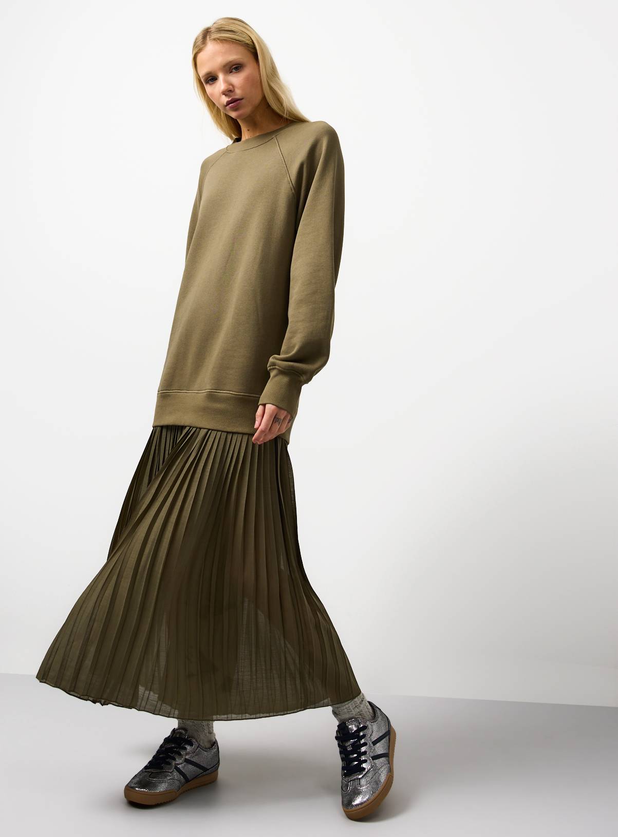 Khaki Sweatshirt Combined Plisse Midaxi Dress 16 - Image 1