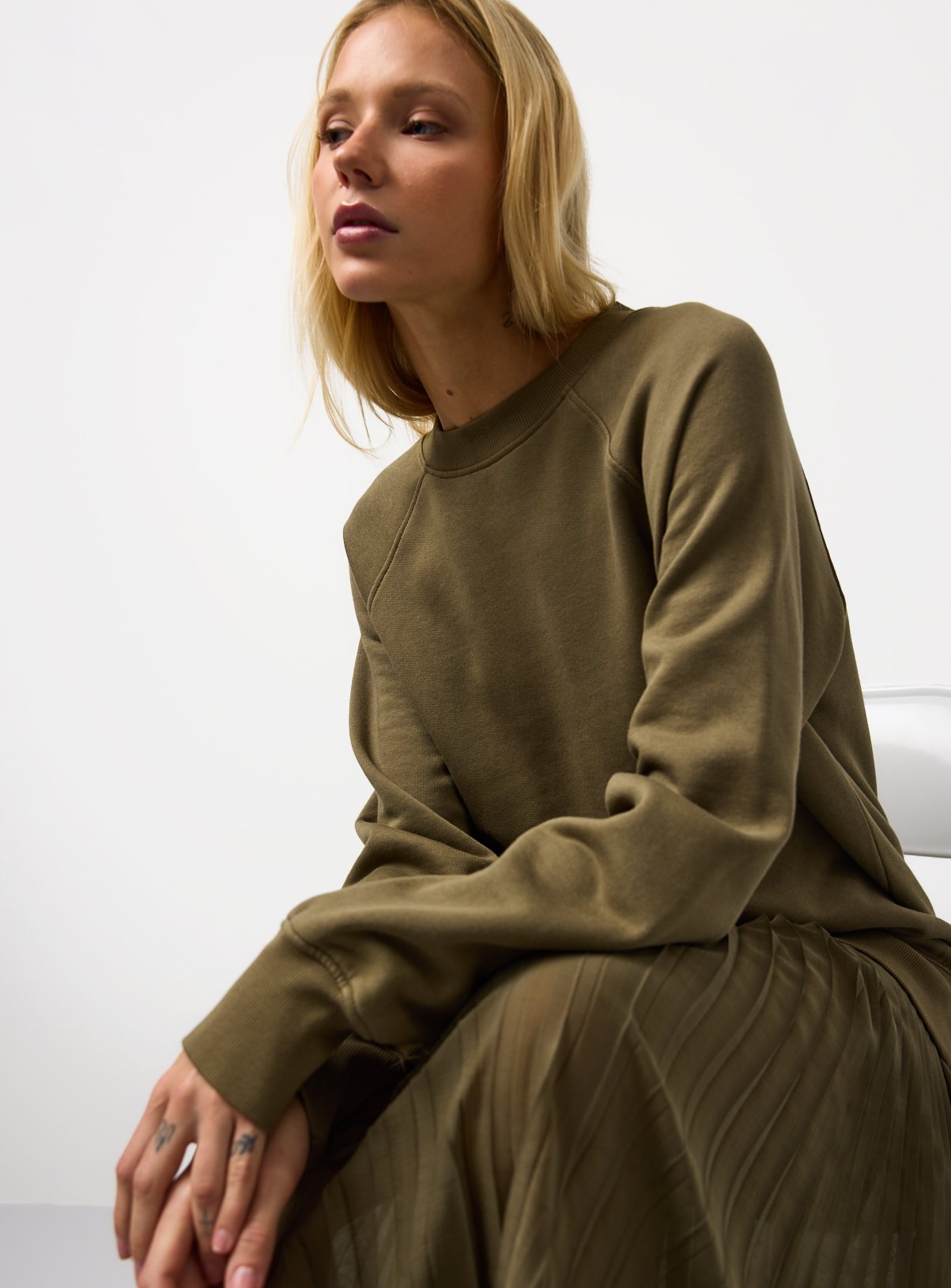 Khaki Sweatshirt Combined Plisse Midaxi Dress 16 - Image 2 thumbnail