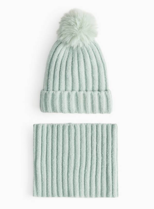 Green Ribbed Knitted Beanie Hat & Snood Set 3-5 years