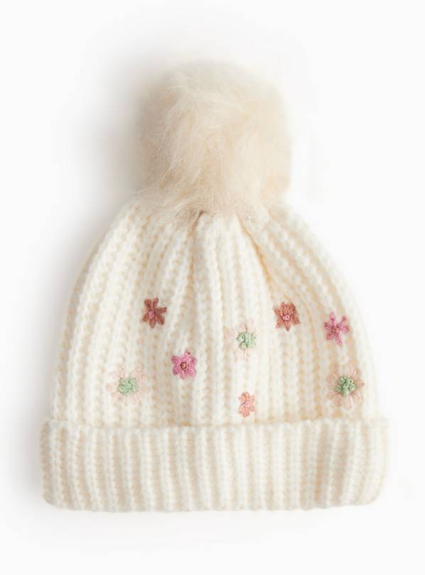 Cream Flower Embroidered Knitted Pom Pom Hat 10-13 years
