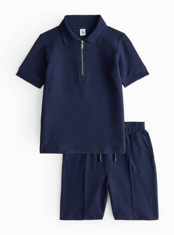 Navy Textured Polo Shirt & Shorts Set 10 years