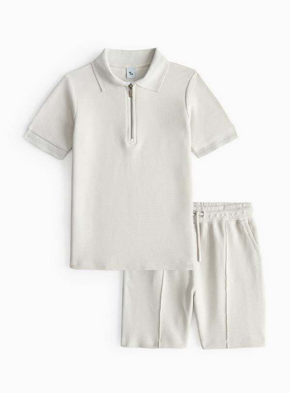 Grey Textured Polo Shirt & Shorts Set 12 years