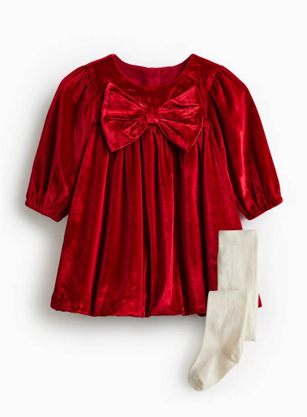 Christmas Red Bow Velour Dress & Tights Set 12-18 months