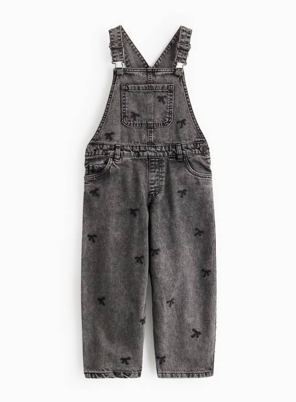 Grey Washed Bow Print Denim Dungarees  8 years