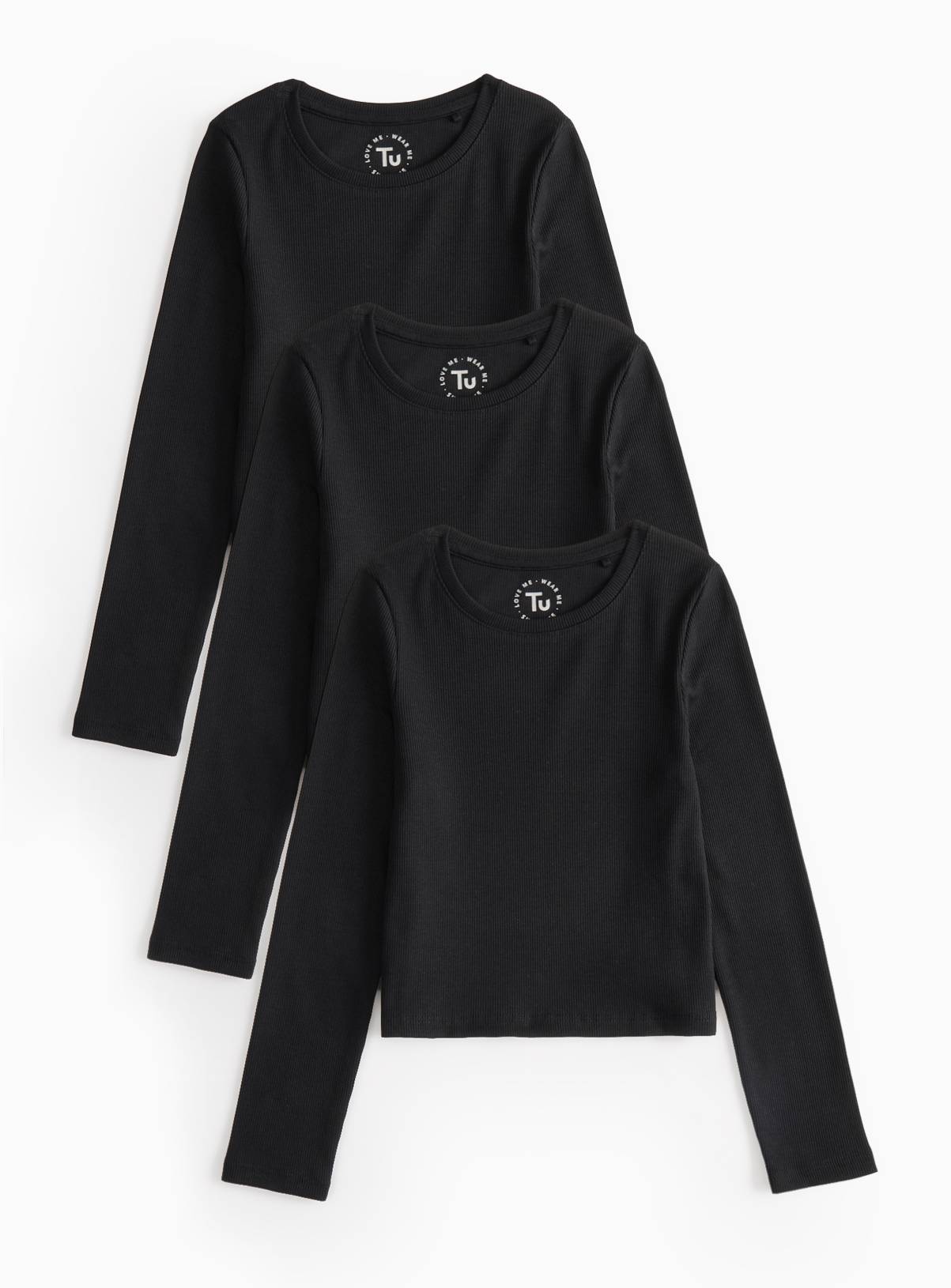 Black Ribbed Long Sleeve Slim Fit Tops 3 Pack 11 years - Image 1