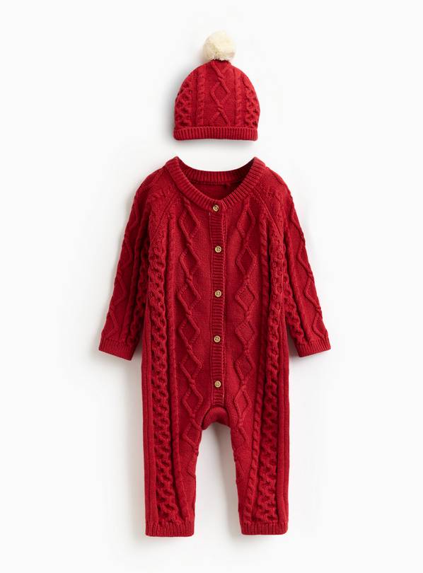 Christmas Dark Red Cable Knit Romper & Hat 12-18 months