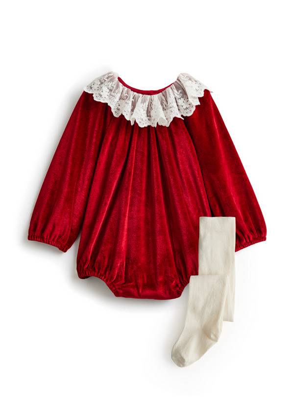 Christmas Red Velour Collared Romper & Tights Set 18-24 months