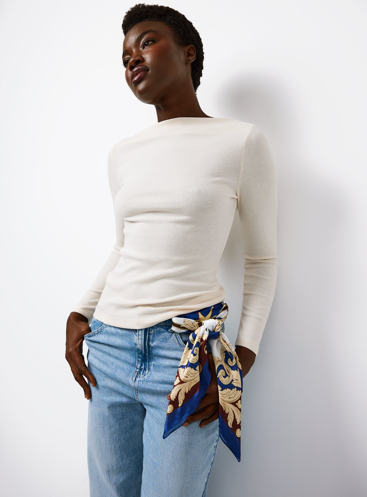 Cream Slash Neck Ribbed Top
