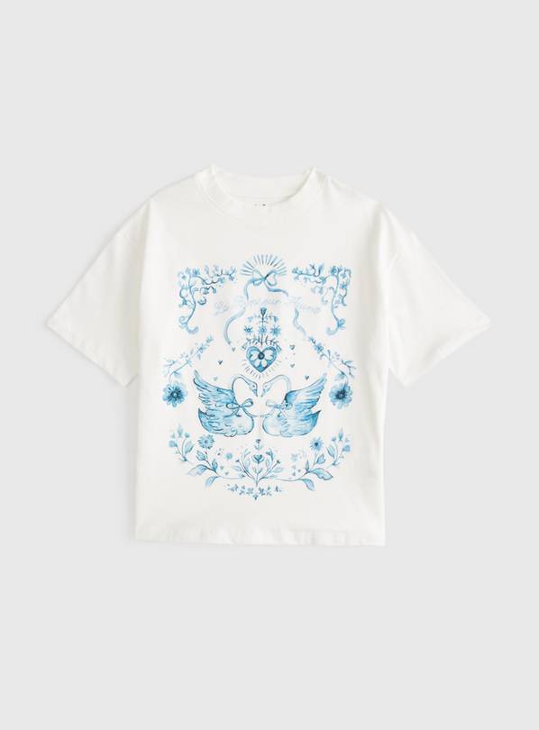 White New Romance Swan Graphic Print T-Shirt 9 years