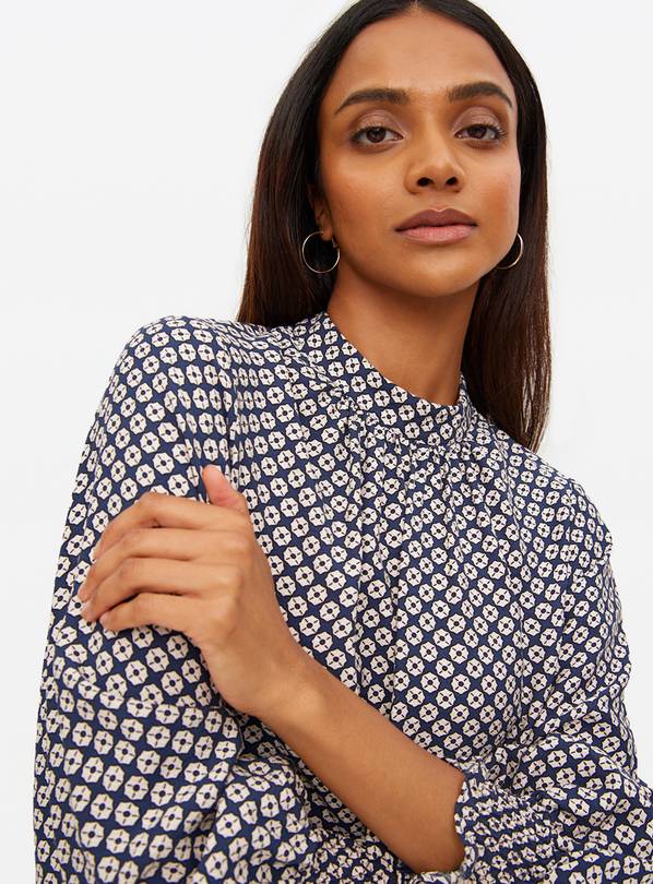 Navy Printed Volume Sleeve Co-ord Blouse 10