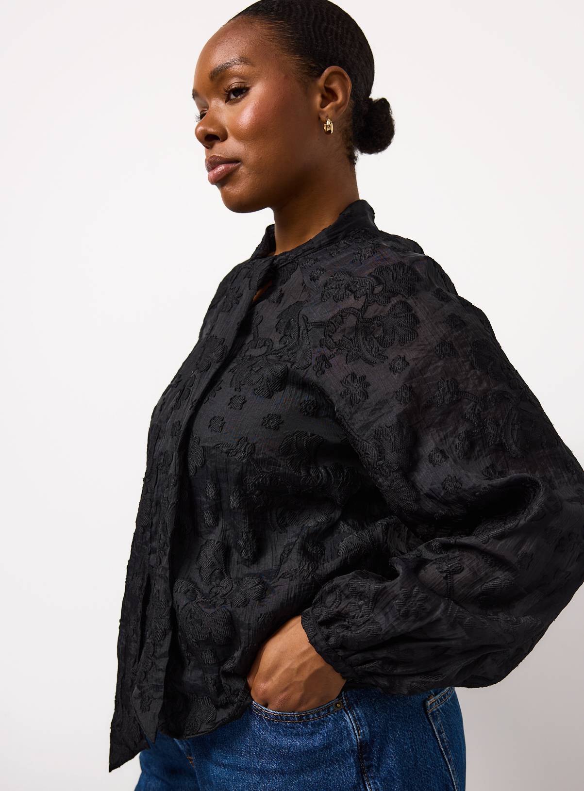 Black Tie Neck Jacquard Blouse 20 - Image 1