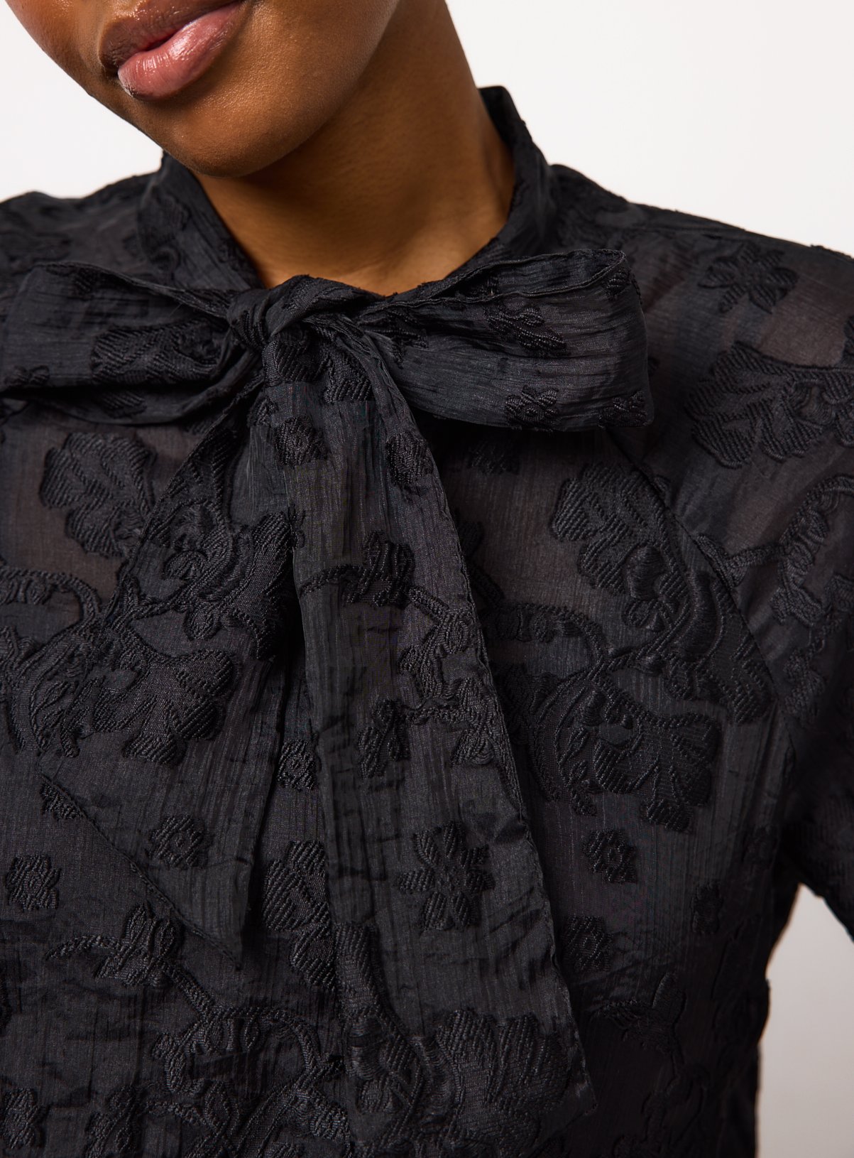 Black Tie Neck Jacquard Blouse 20 - Image 2 thumbnail