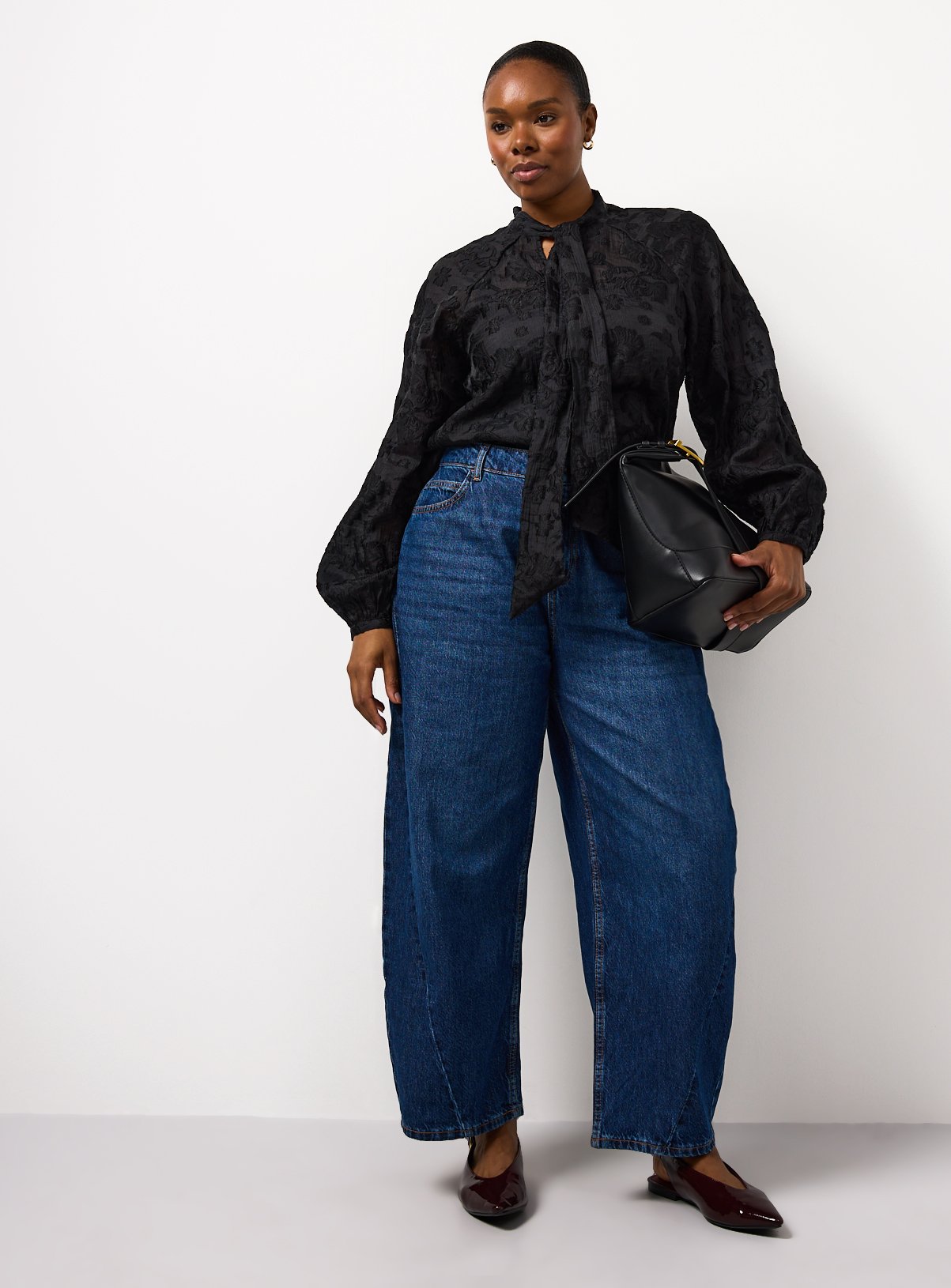 Black Tie Neck Jacquard Blouse 20 - Image 3 thumbnail