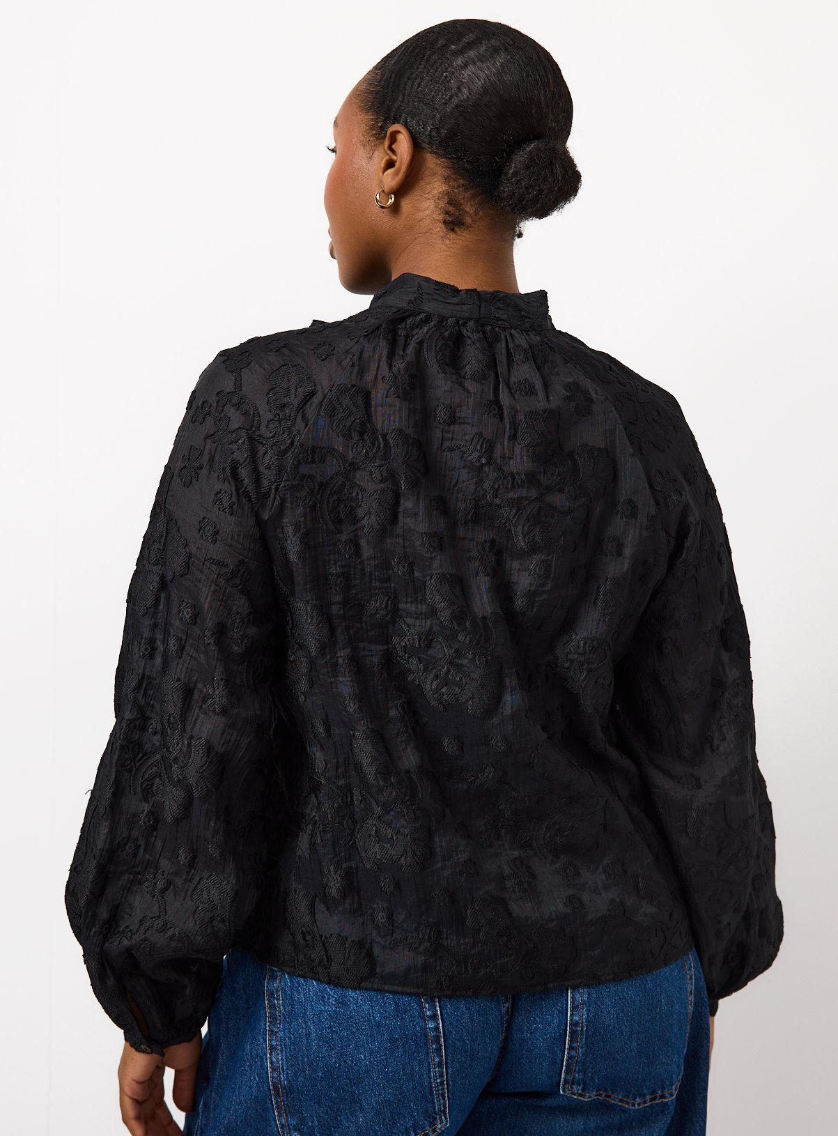 Black Tie Neck Jacquard Blouse 20 - Image 4 thumbnail