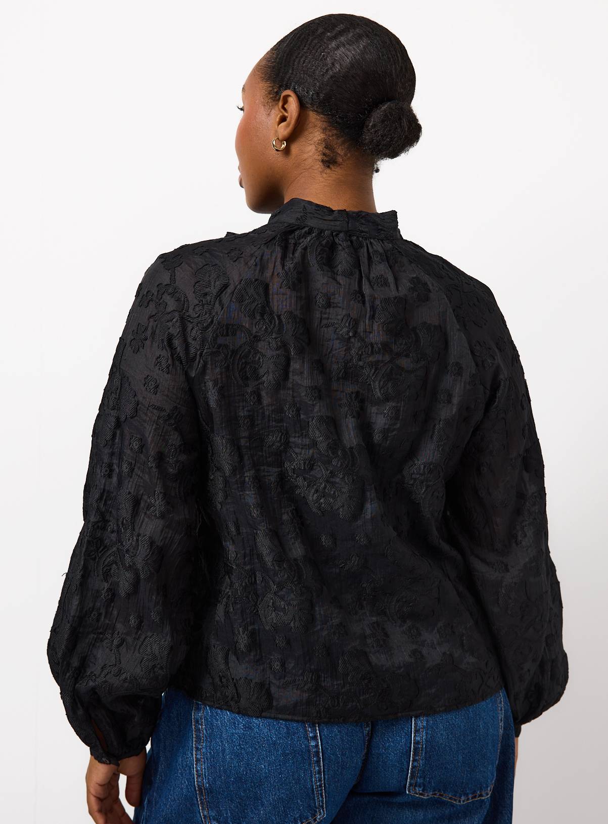 Black Tie Neck Jacquard Blouse 20 - Image 4