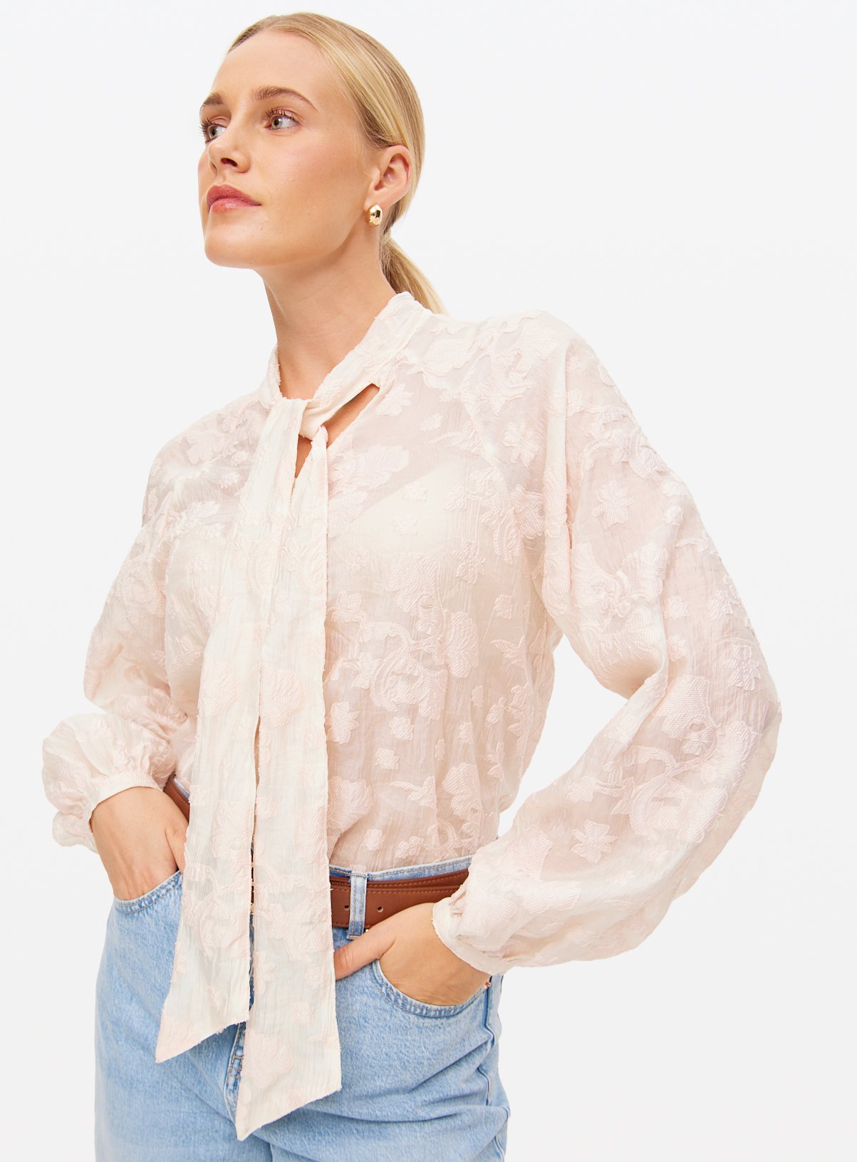 Cream Tie Neck Jacquard Blouse 12