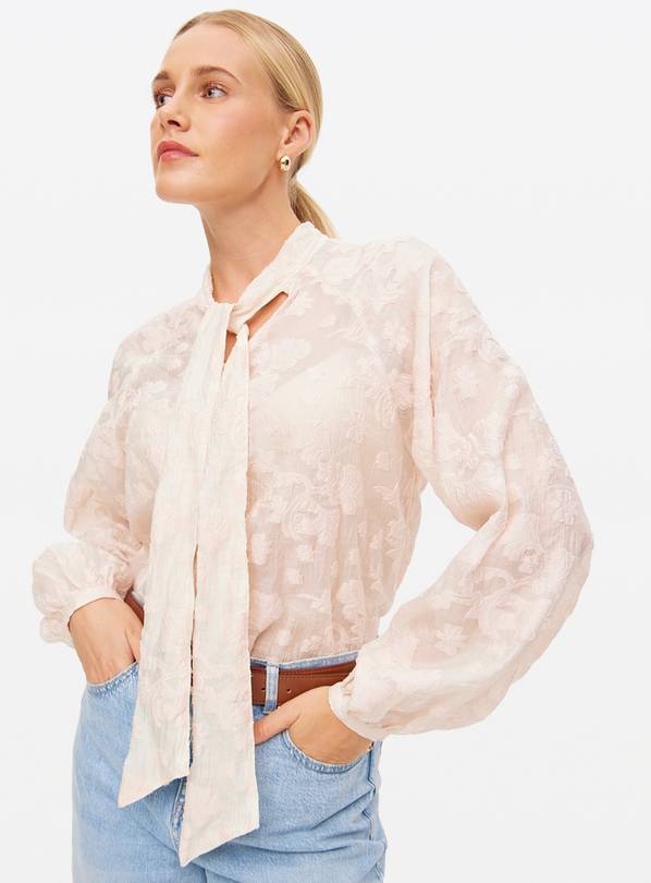 Cream Tie Neck Jacquard Blouse 24