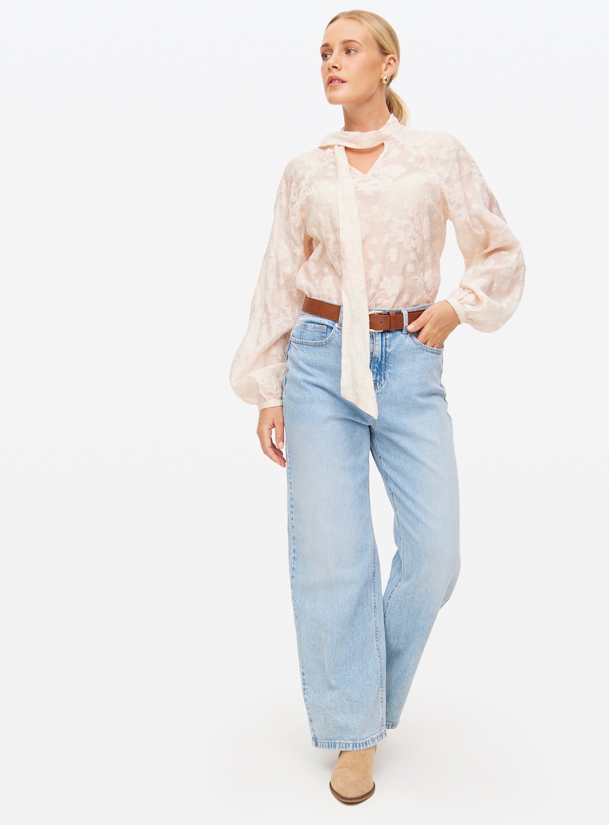 Cream Tie Neck Jacquard Blouse 12 - Image 2 thumbnail