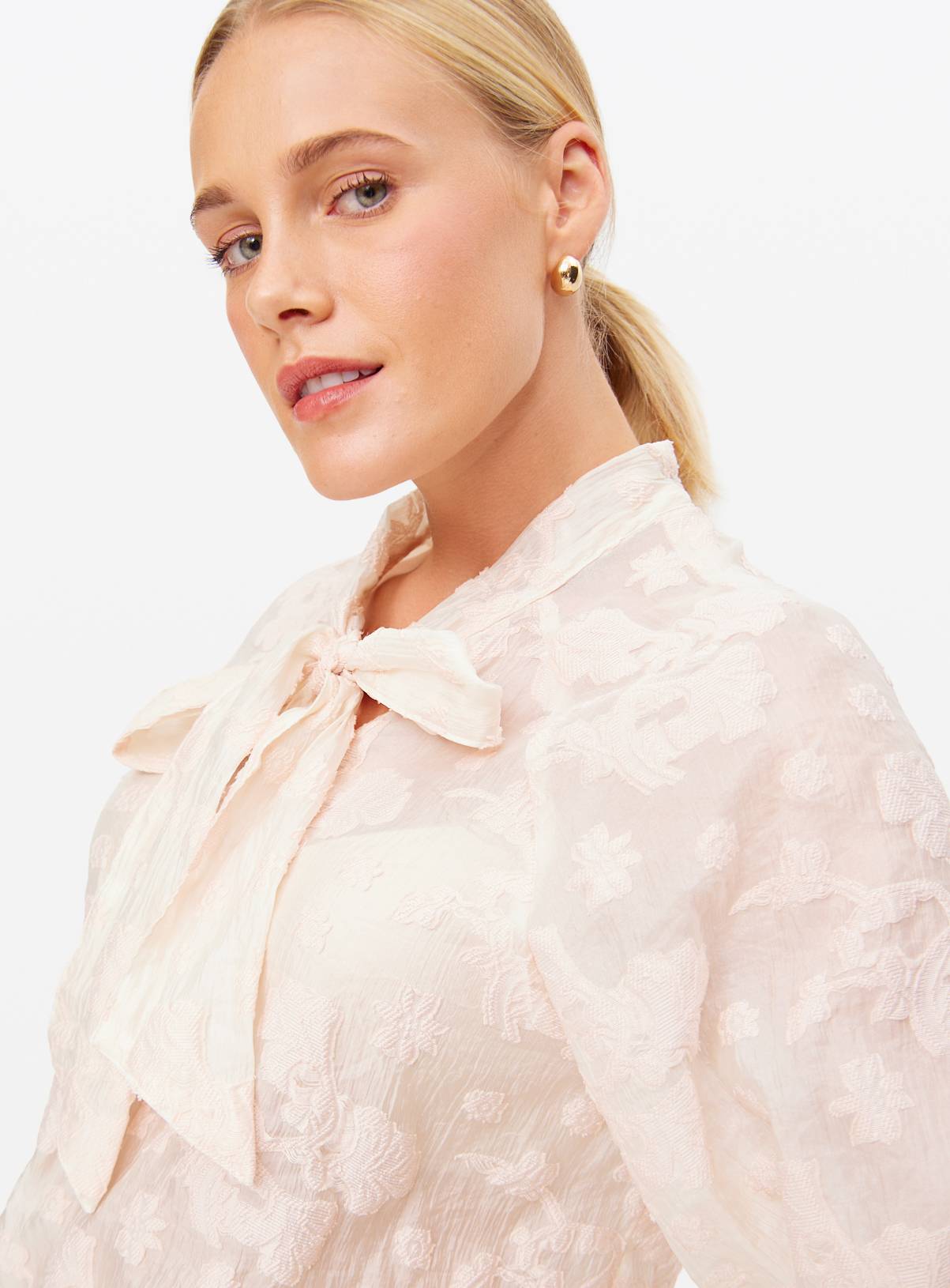 Cream Tie Neck Jacquard Blouse 12 - Image 3