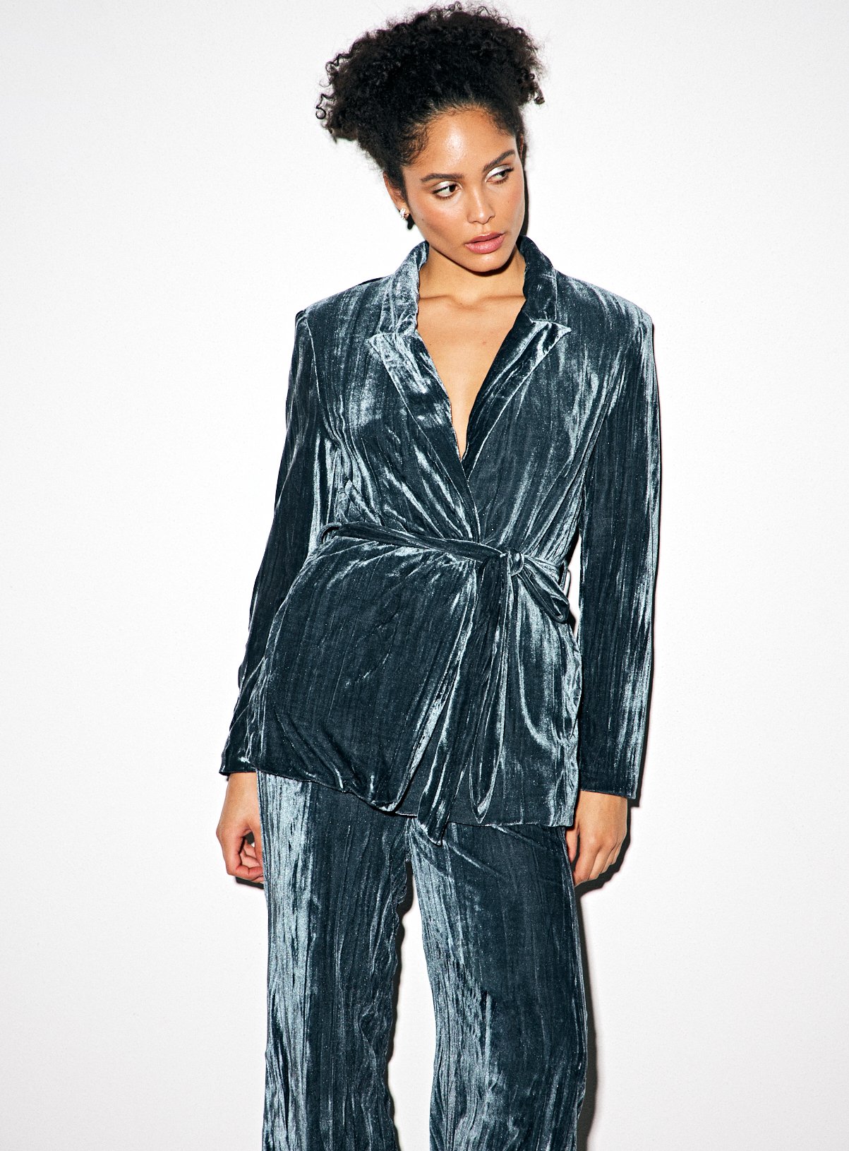 Teal Crinkle Velvet Co-ord Blazer