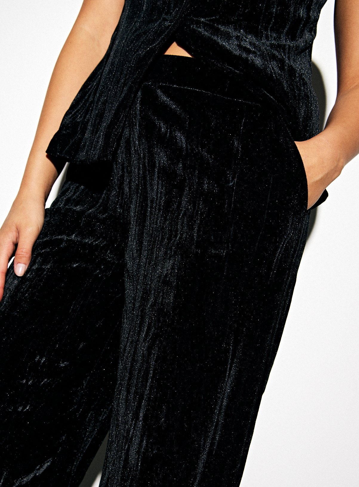 Black Crinkle Velvet Wide Leg Co-ord Trousers  10R - Image 3 thumbnail